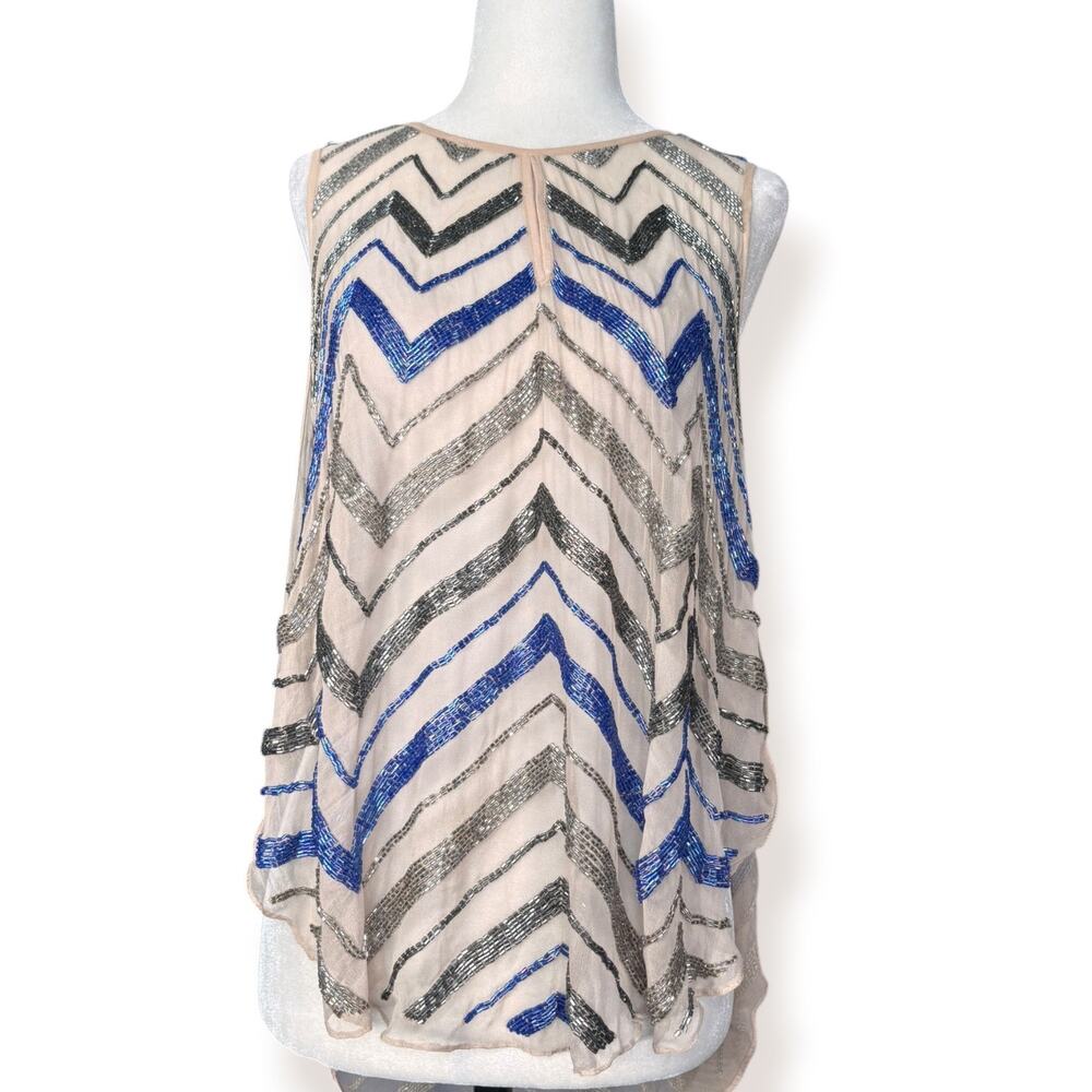 Parker Silk Beaded Chevron Top Art Deco Silver Silk Sheer Evening Party Luxe XS